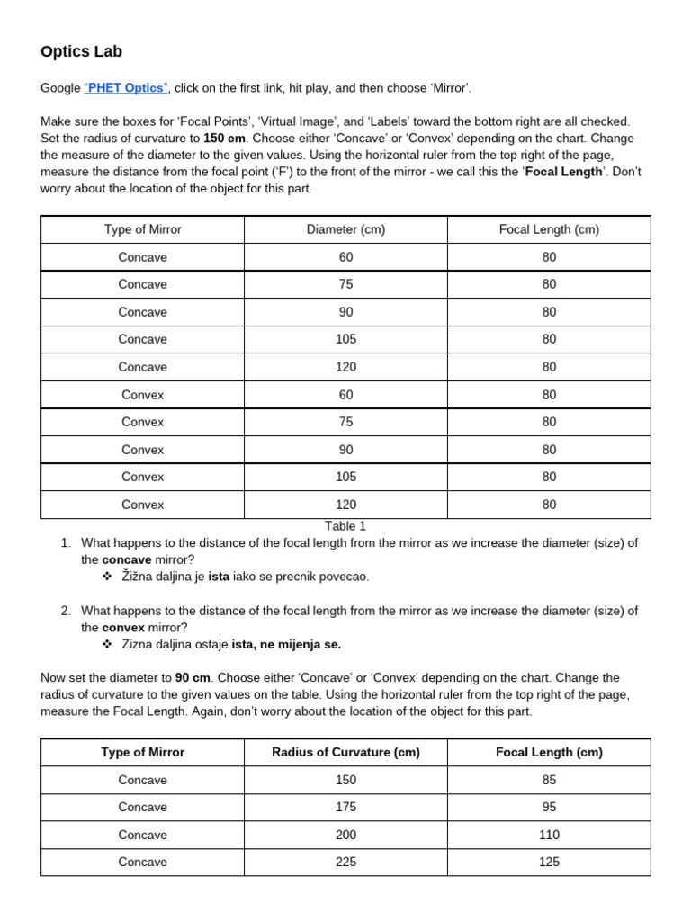 Focal Length and Mirror Types Experiment | PDF | Glass Engineering And ...