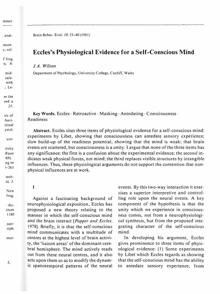 Wilson, 1981 - Eccle S Physiological Evidence For A Self-Conscious Mind ...