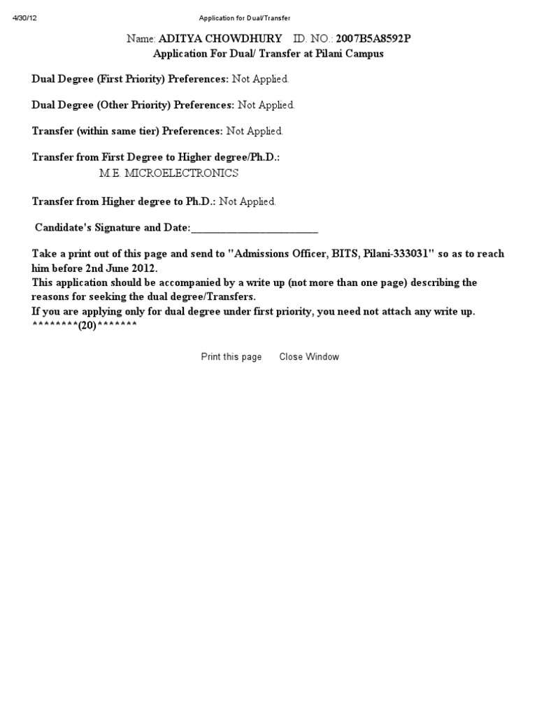 Application For Dual - Transfer | PDF