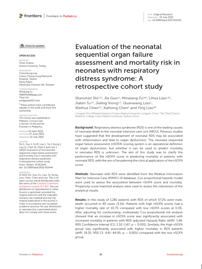 nSOFA Score and Neonatal RDS Mortality | PDF | Preterm Birth | Sepsis