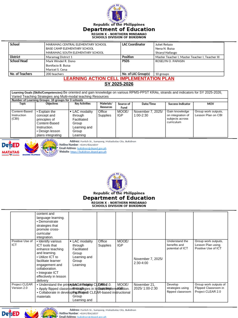 LAC Implementation Plan for SY 2025-2026 | PDF | Educational Technology ...