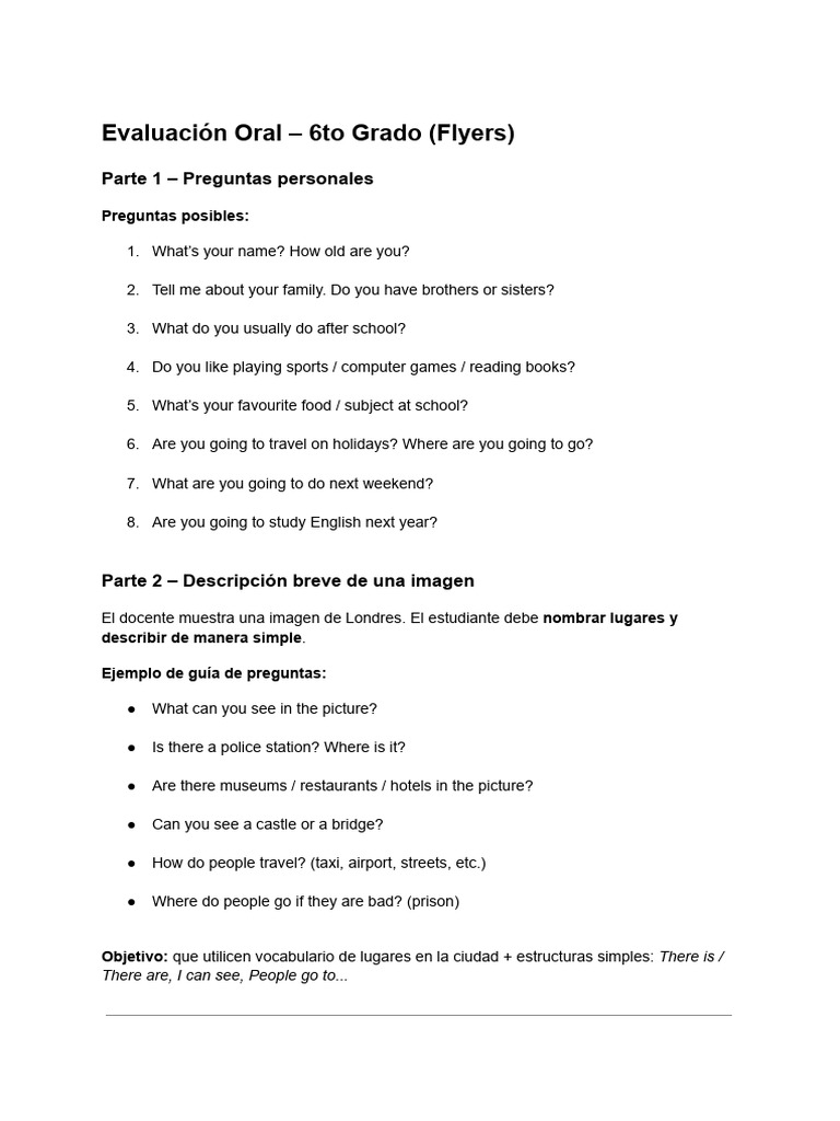 Evaluación Oral de Inglés 6to Grado | PDF