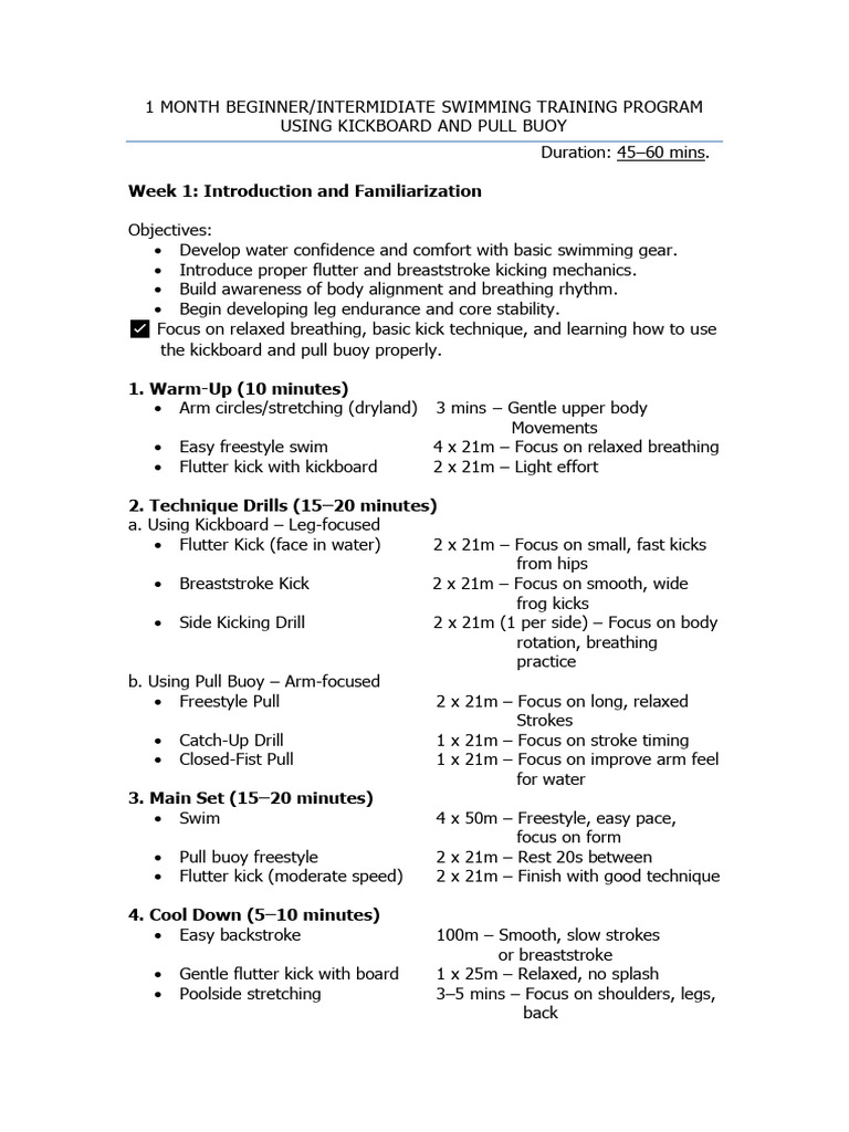 1-Month Swimming Training Plan for Beginners | PDF | Swimming (Sport ...