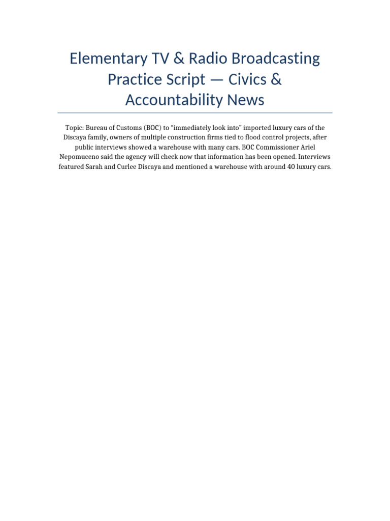 Elementary TV Radio Practice Script BOC Luxury Cars | PDF