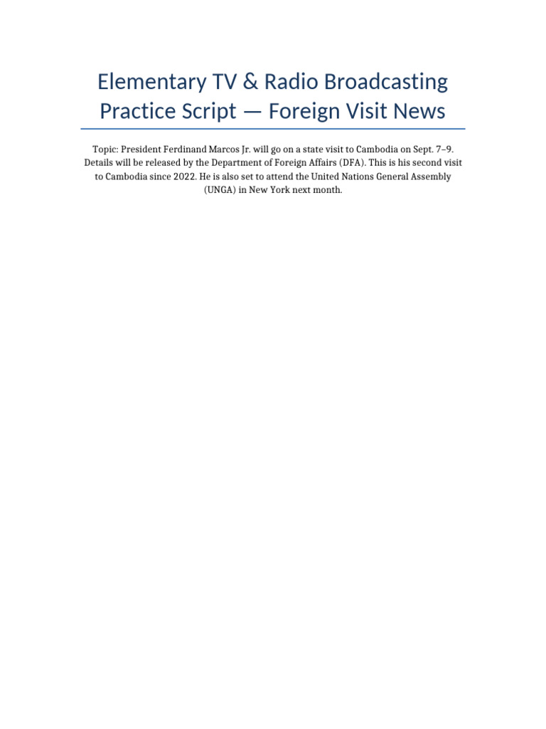 Elementary TV Radio Practice Script Cambodia State Visit | PDF