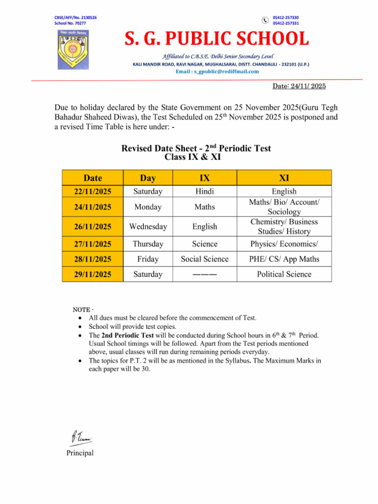 Revised Date Sheet - 2nd PT Test Class IX & XI | PDF