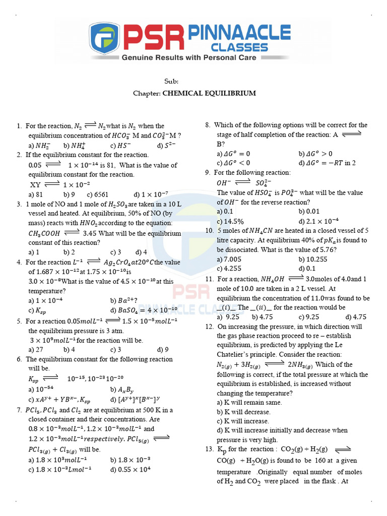 Chemical Equilibrium Concepts and Problems | PDF | Acid | Chemical ...