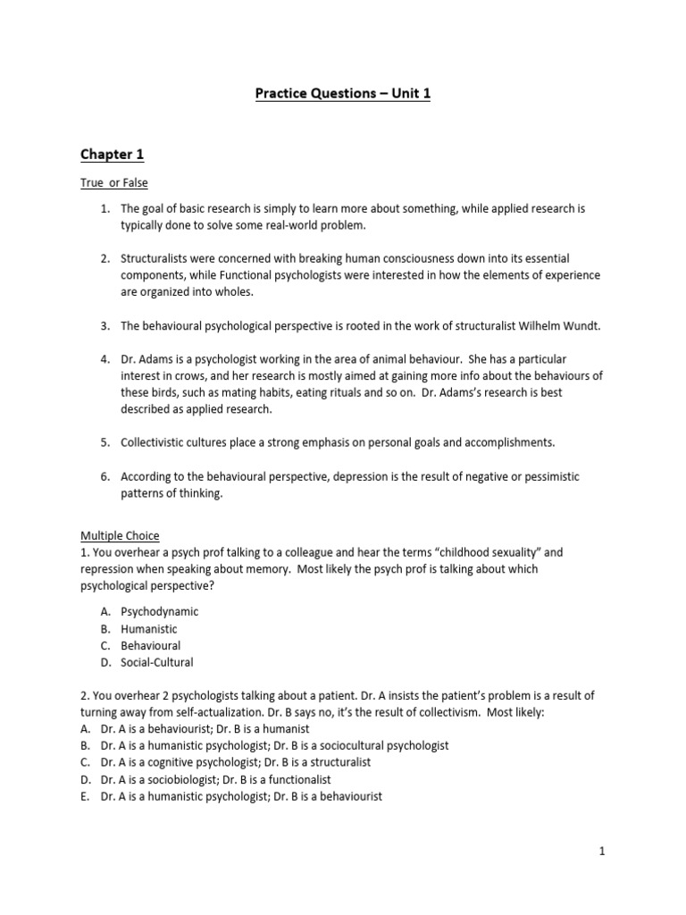 Psychology Practice Questions Unit 1 | PDF | Neuron | Synapse