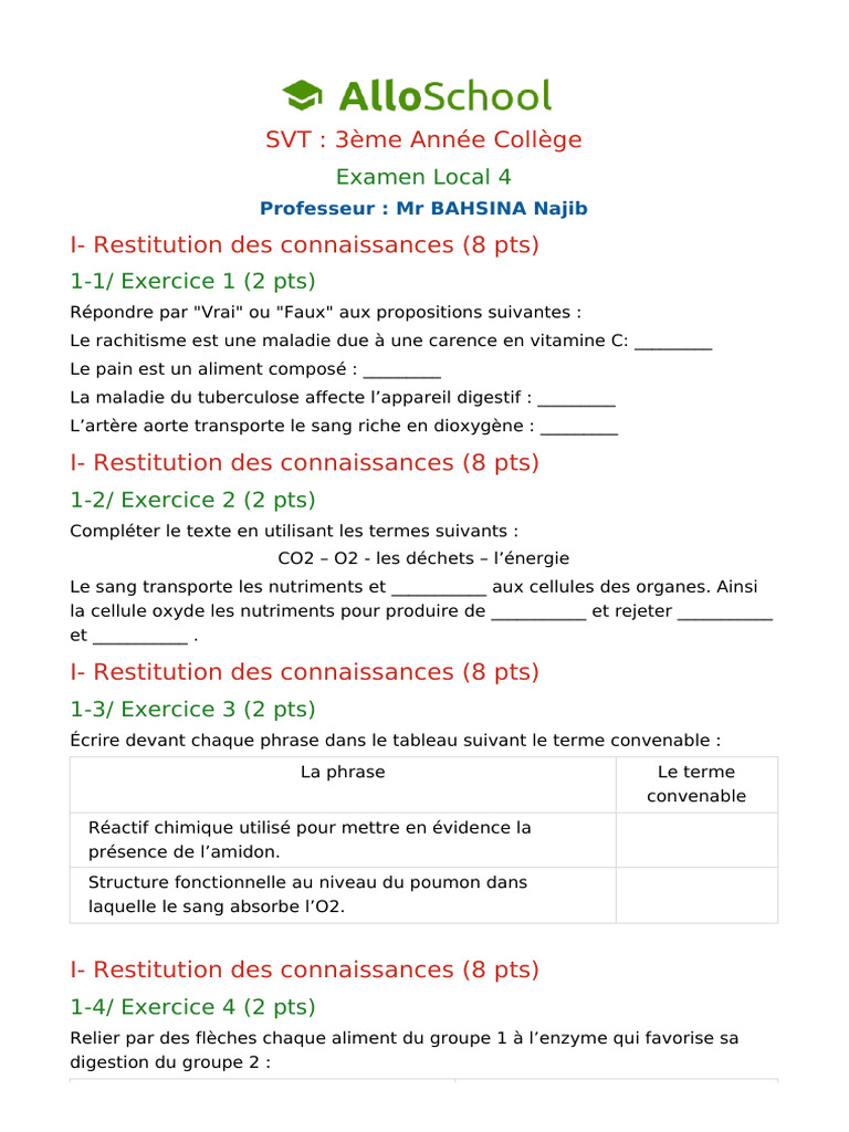 Examen SVT 3ème : Connaissances et Raisonnement | PDF | Nutriments | Sang