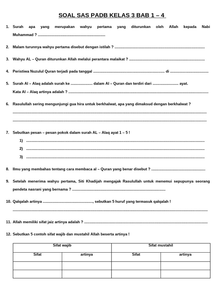 Soal SAS PADB Kelas 3: Bab 1-4 | PDF