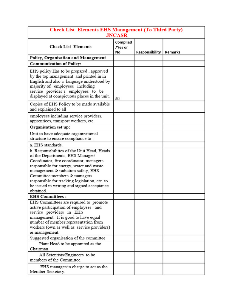 EHS Management Checklist for Compliance | PDF | Risk Assessment | Safety