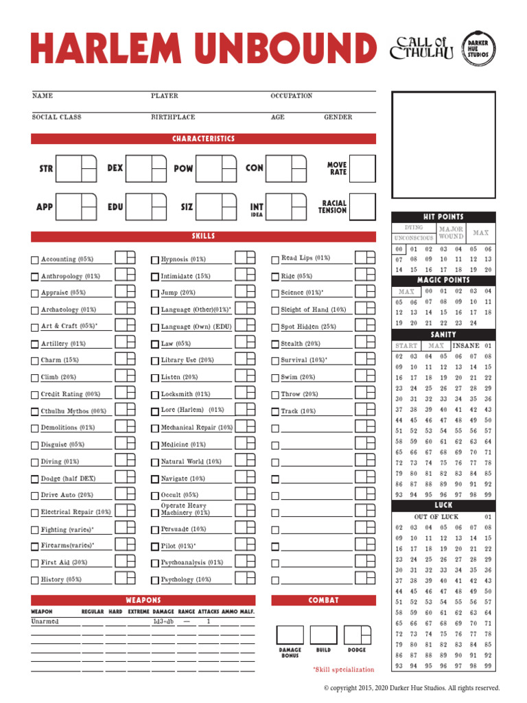 CoC 7e - 1920 - Harlem Unbound - Character Sheet v2 | PDF