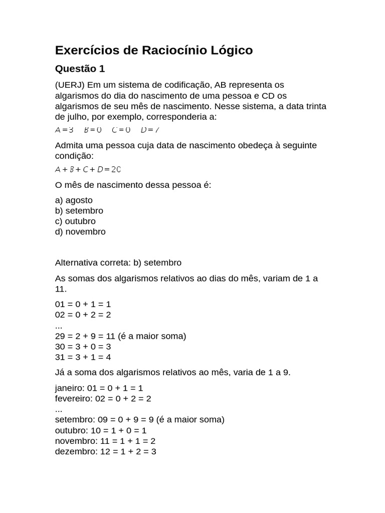 Exercícios de Raciocínio Lógico 1 | PDF