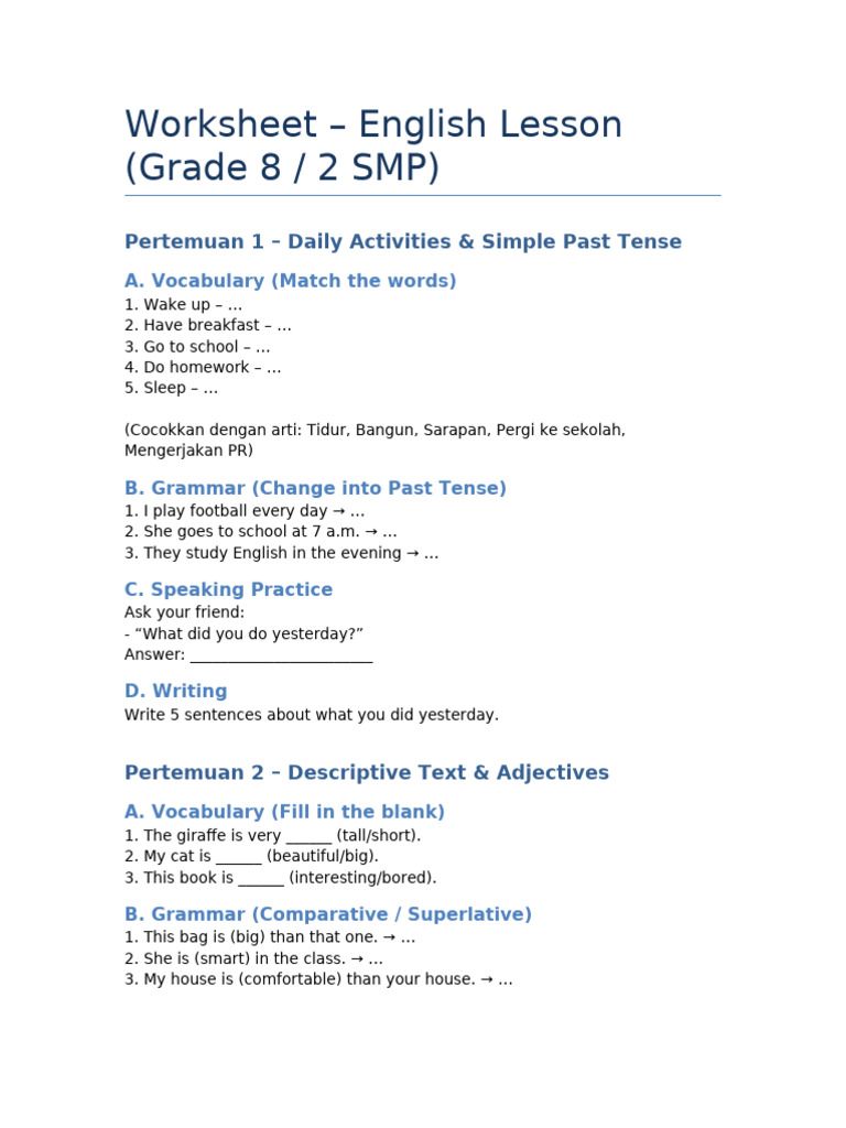 Grade 8 English Worksheet: Tenses & Activities | PDF | Syntax | Semantics