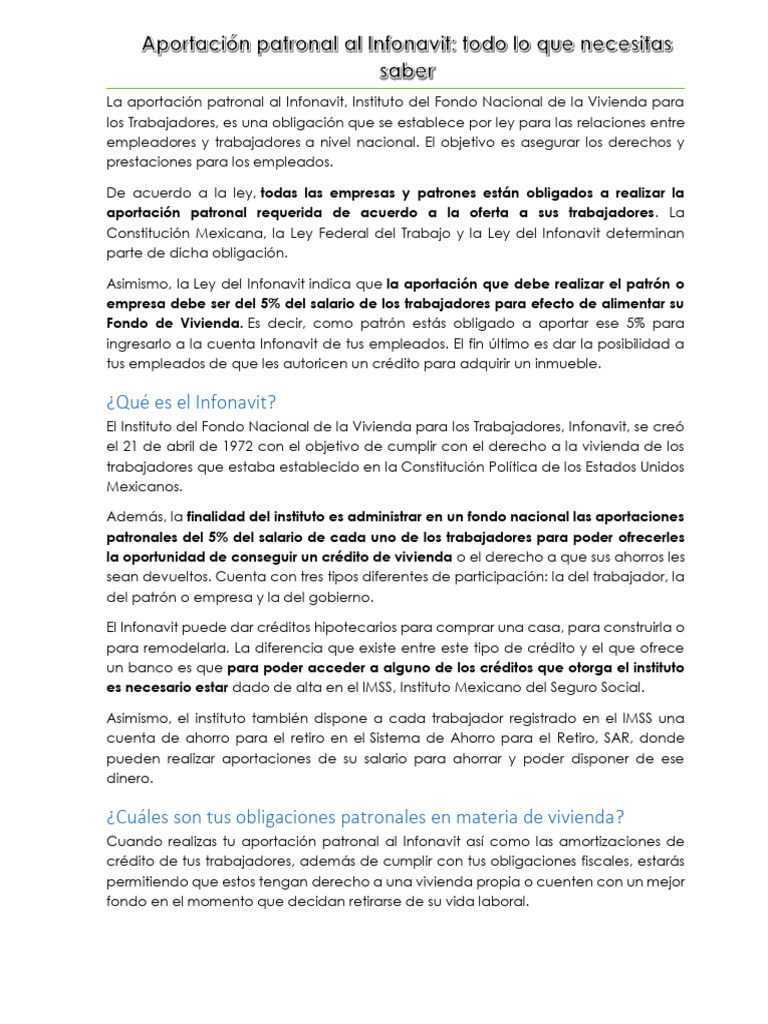 Aportación Patronal al Infonavit: Guía Completa | PDF | Salario