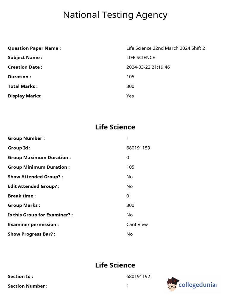 CUET PG 2024 Question Paper Life Science ...