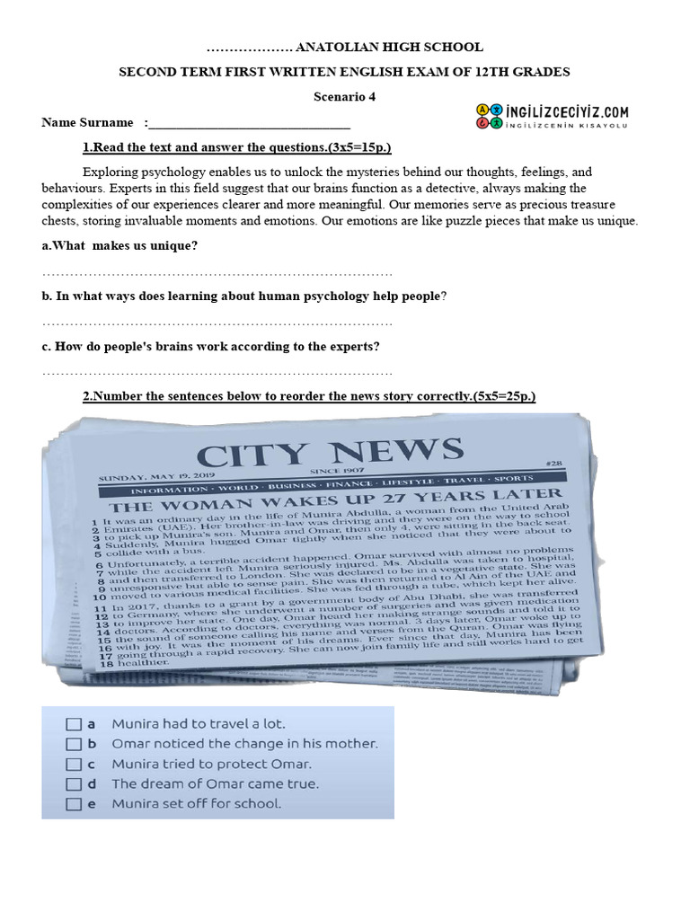 12th Grade English Exam Questions | PDF