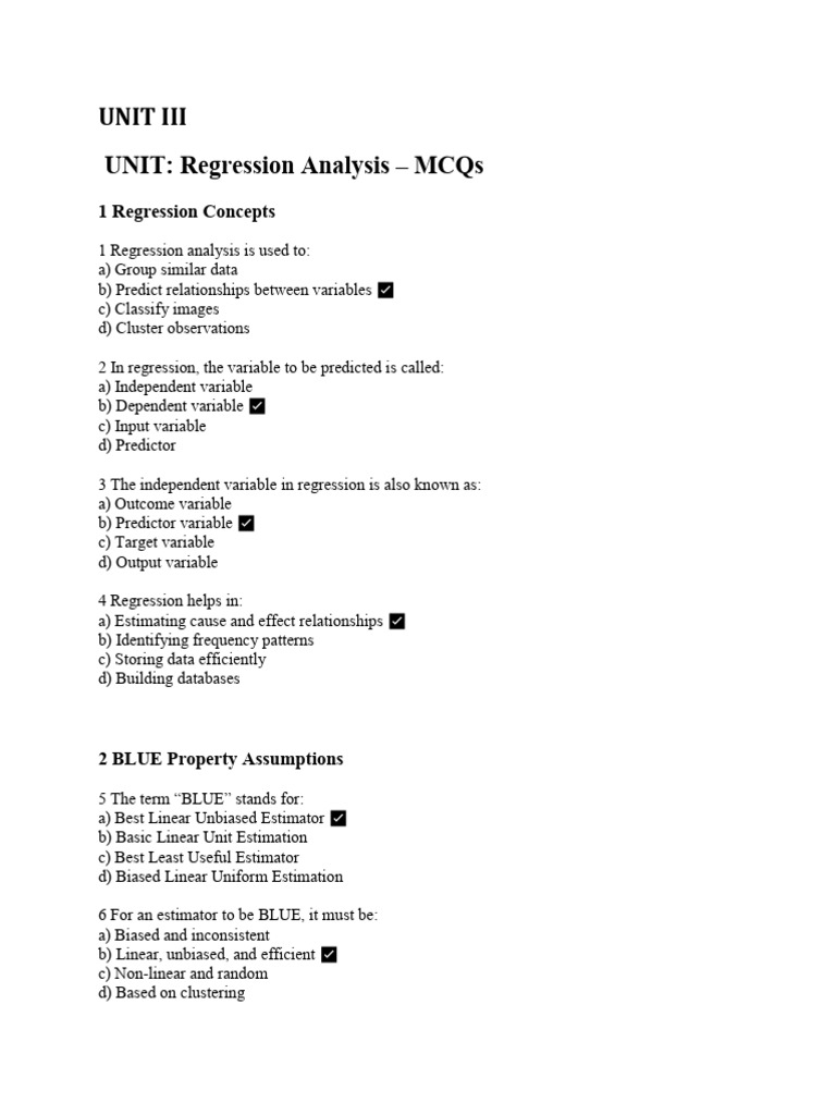 Regression and Logistic Analysis MCQs | PDF | Regression Analysis ...