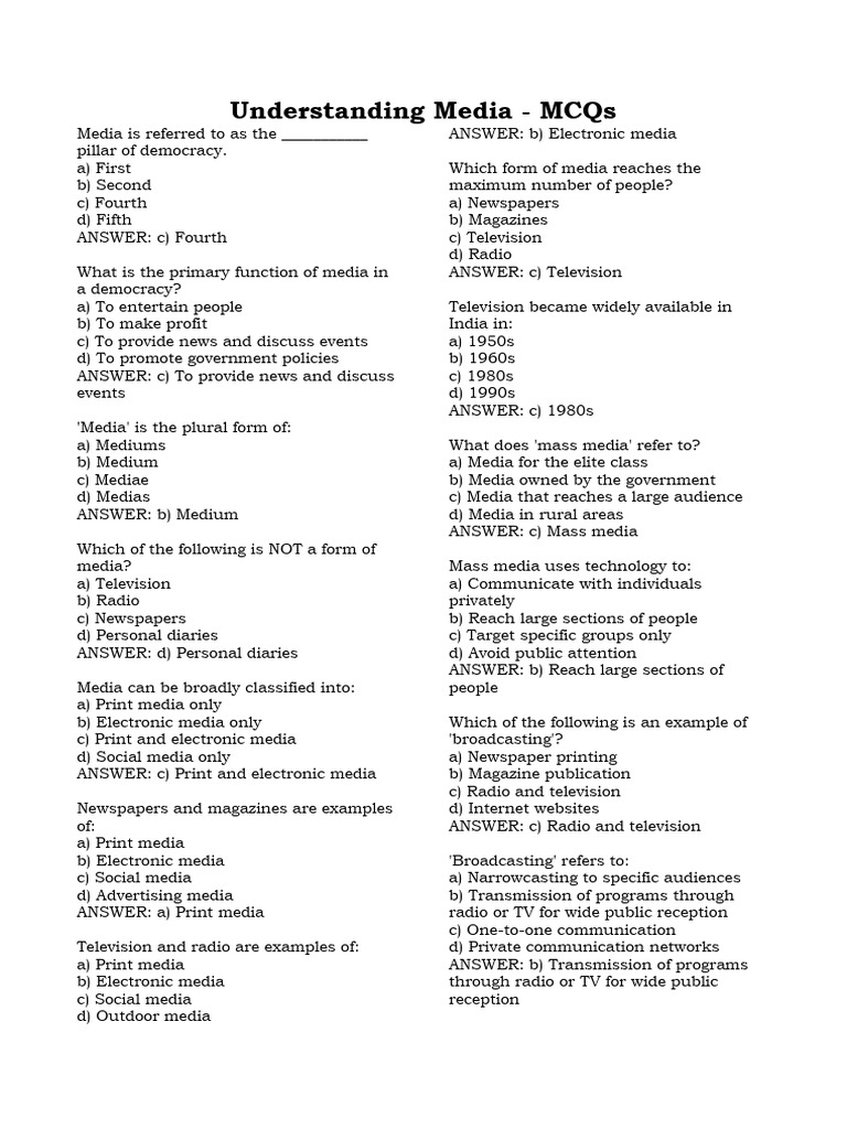 Understanding Media - MCQs | PDF | Mass Media | Journalism