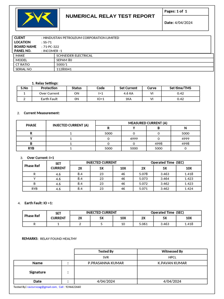 Numerical Relay Test Report for HPCL | PDF
