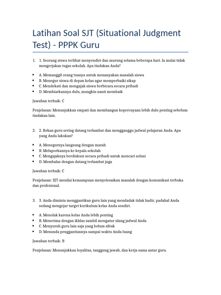 Latihan Soal SJT untuk PPPK Guru | PDF