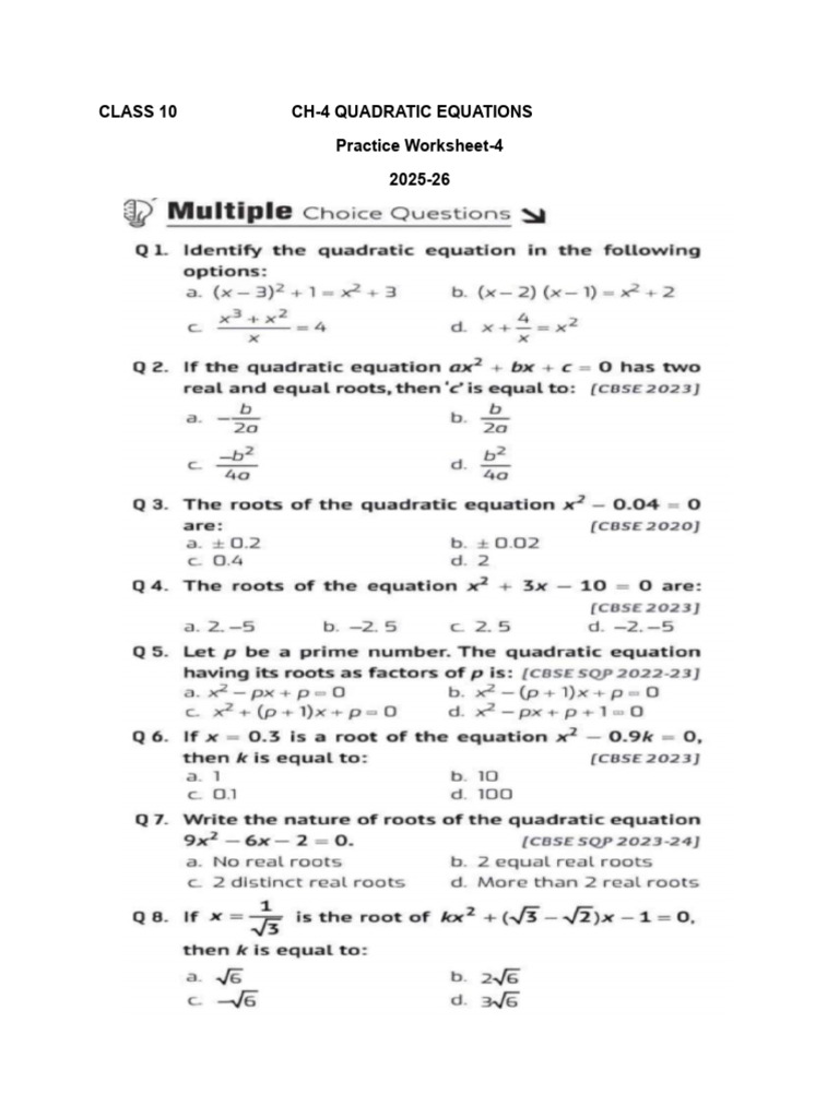Class 10 Ch-4 Quadratic Equations Practice Worksheet-4 2025-26 | PDF