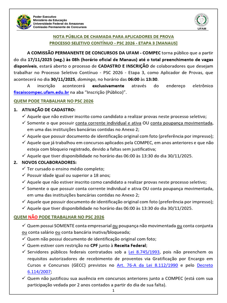 Inscrições para Aplicadores PSC 2026 - UFAM | PDF | Brasil