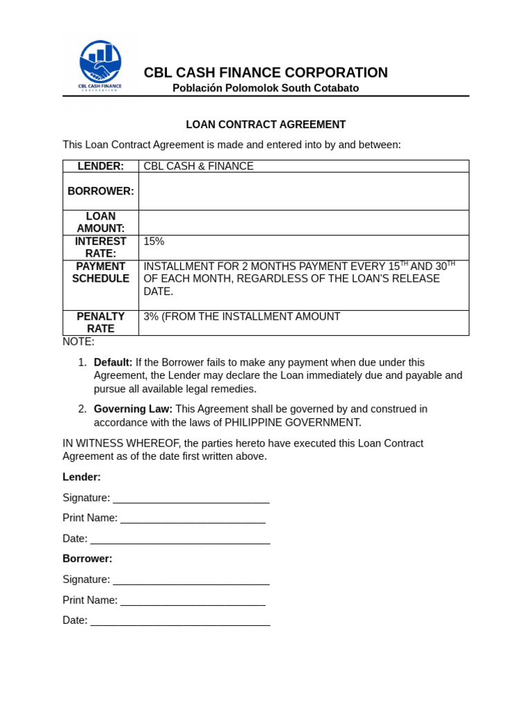 CBL Cash Finance Contract | PDF