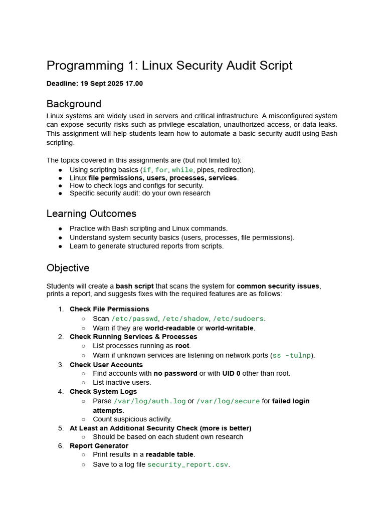 Linux Security Audit Bash Script Guide | PDF | Superuser | System Software