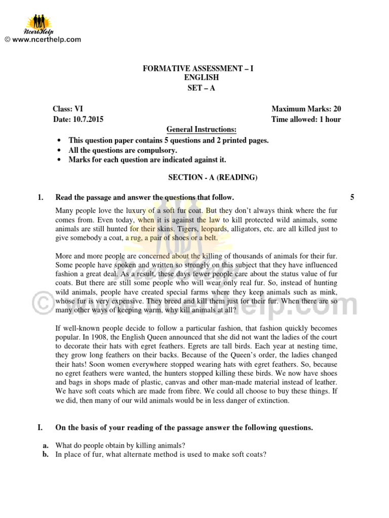 Class VI English Formative Assessment | PDF | Fur | Feather