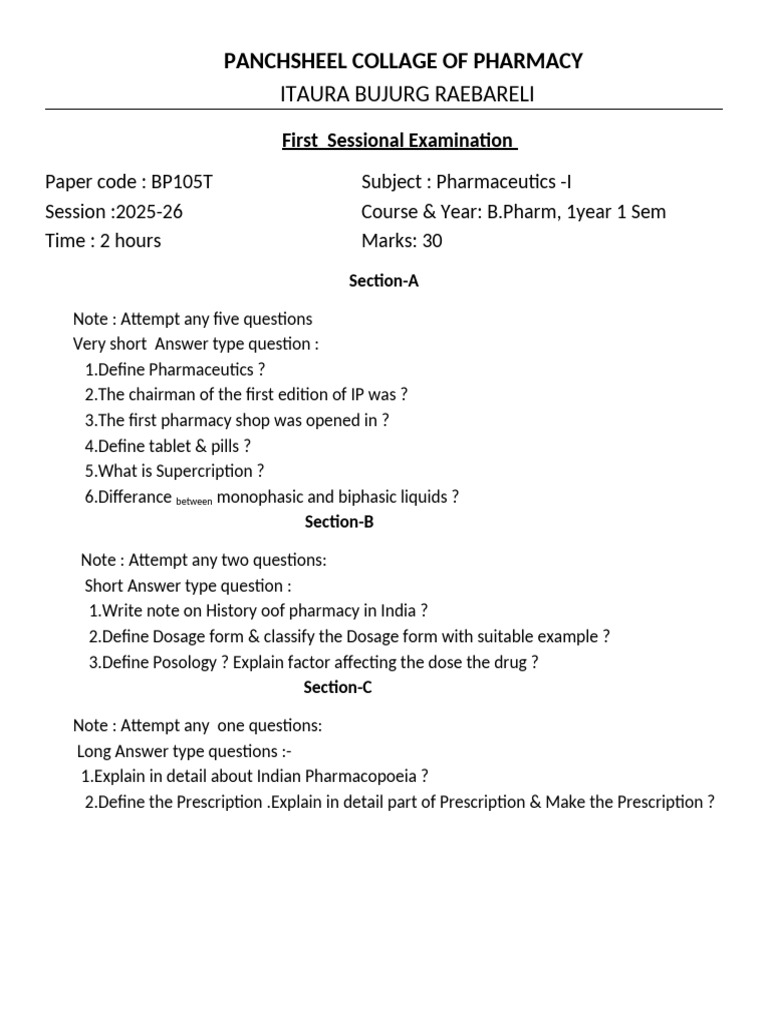 Pharmaceutics Paper BP 1SEM | PDF