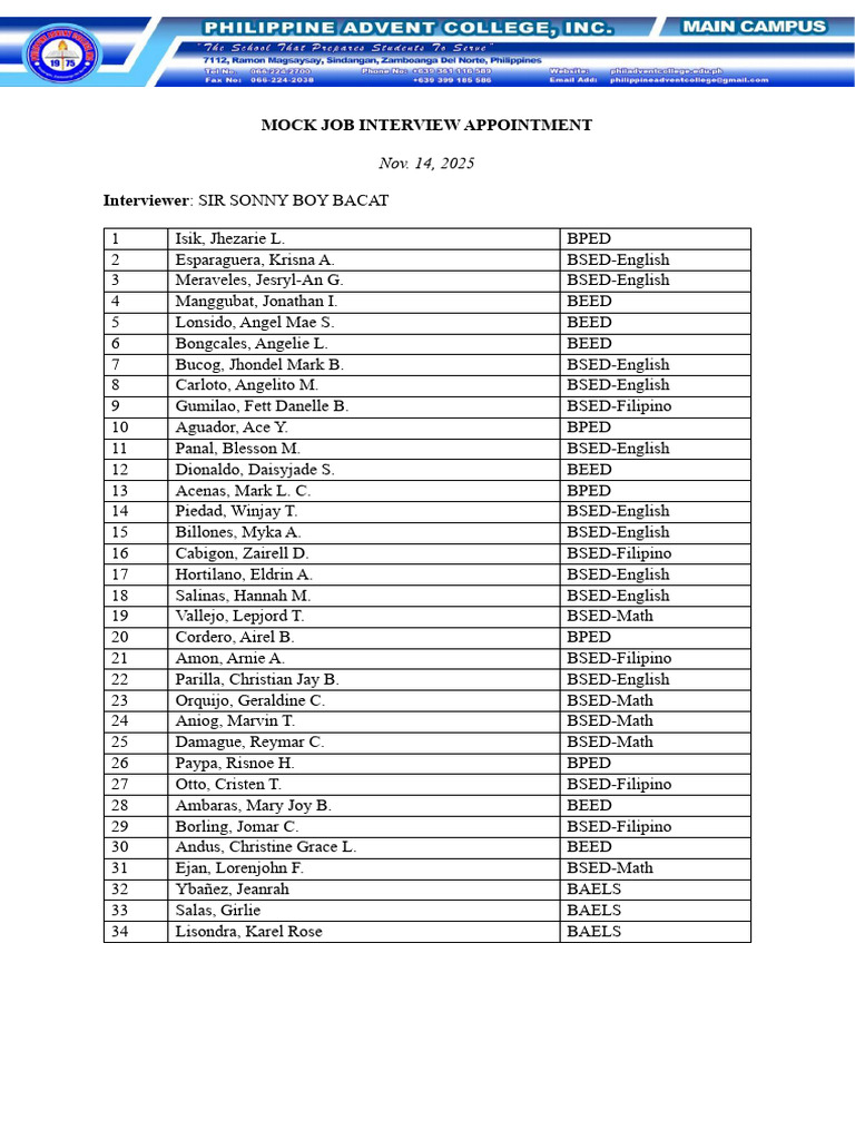 Mock Job Interview Appointment | PDF