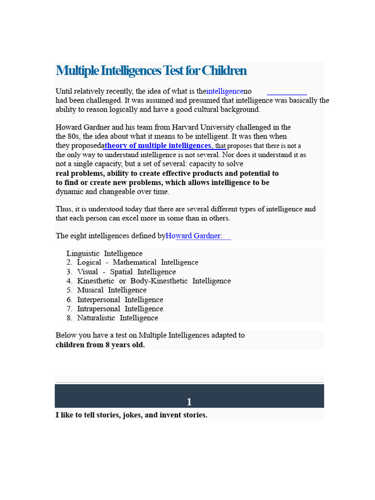 Multiple Intelligences Test for Kids | PDF | Cognitive Science | Learning