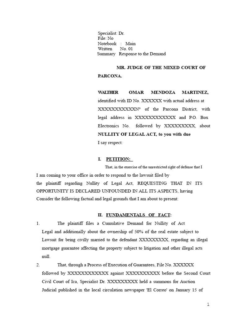 Response to Nullity of Legal Act Lawsuit | PDF | Lawsuit | Annulment