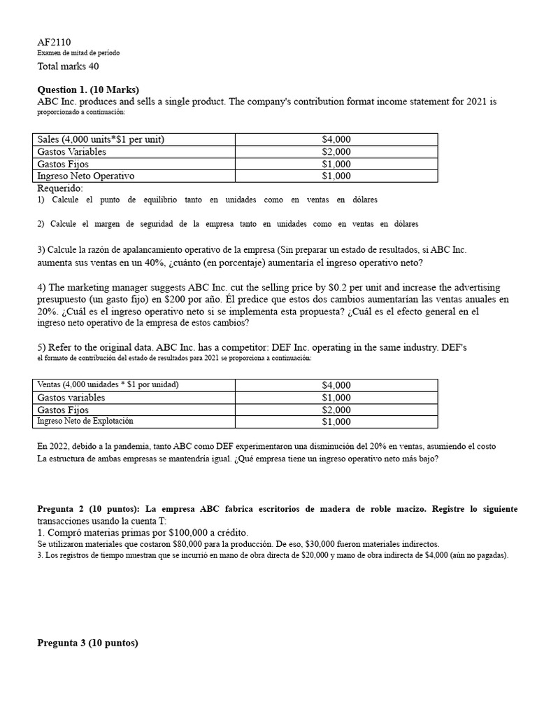 AF2110 Pregunta de Medio Término Solamente | PDF | Negocios económicos