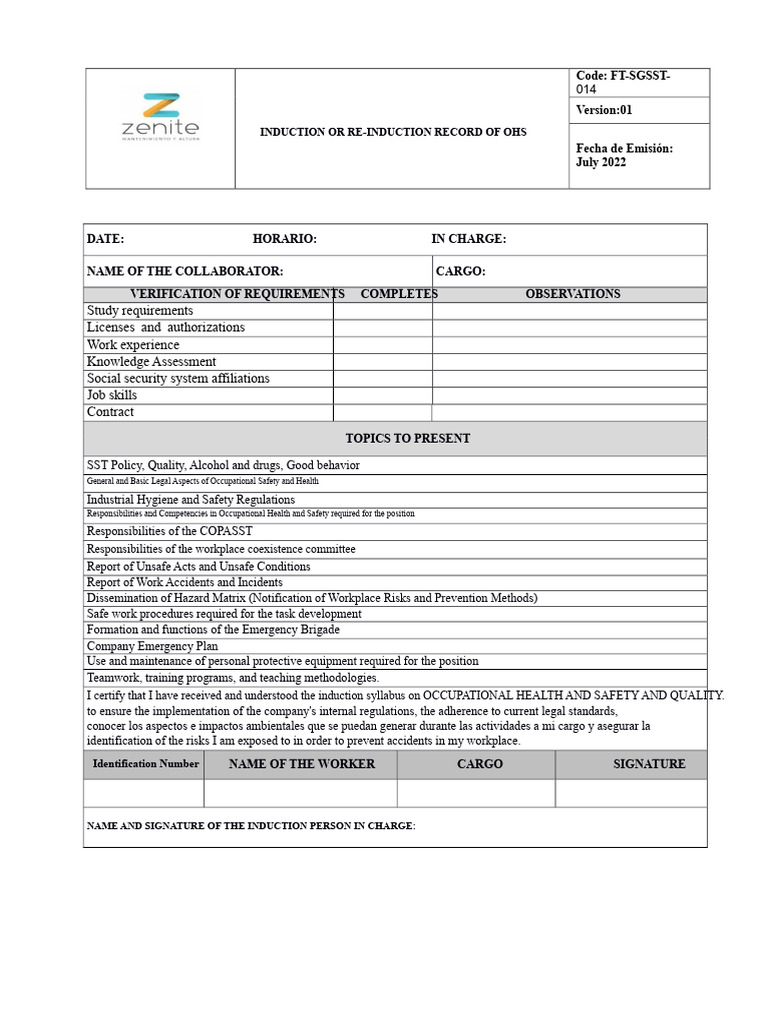 OHS Induction Record Template | PDF | Occupational Safety And Health ...