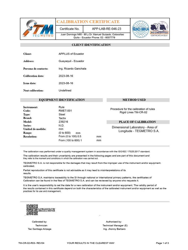 Calibration Certificate APP LAB RE 046 23 Signed | PDF | Calibration ...