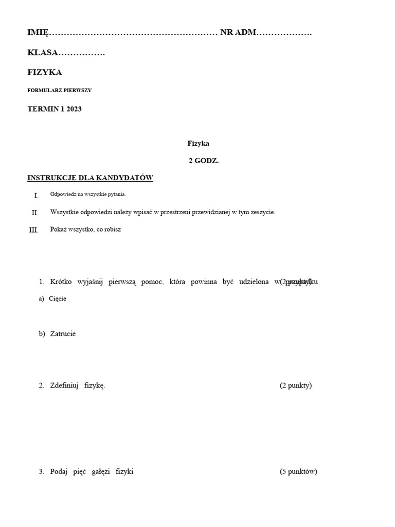 FIZYKA PLAN PIERWSZY TERMIN 1 Nauczyciel - Co - Ke | PDF