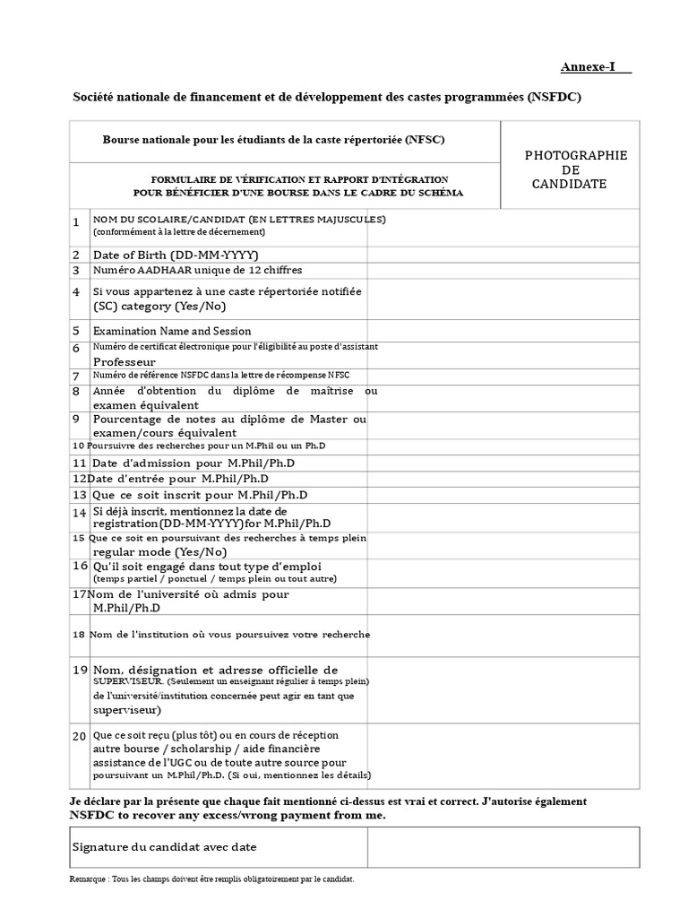 Formulaire de Bourse NSFDC pour Étudiants | PDF