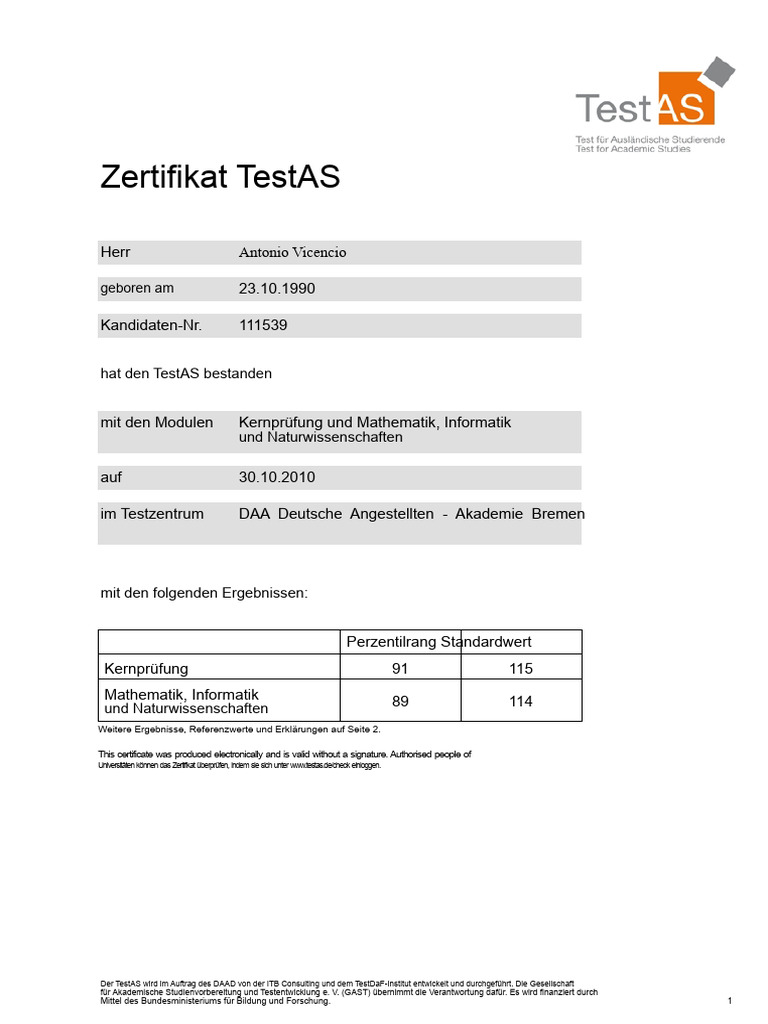 Kognitive Fähigkeiten (TestAS-Zertifikat Deutschland) | PDF