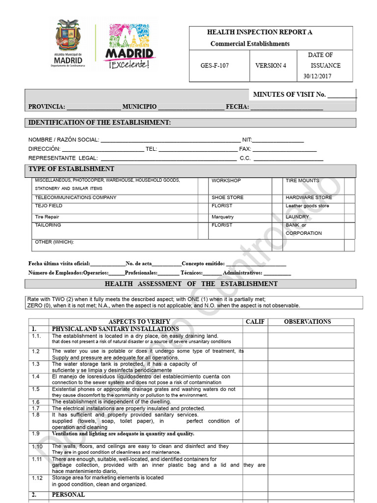Gesf107 Health Inspection Report For Commercial Establishments | PDF