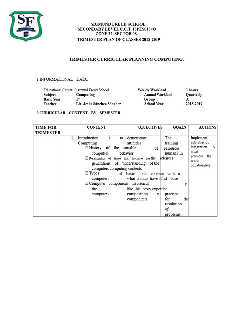 2018-2019 Computing Class Plan | PDF | Microsoft Excel | Mathematics