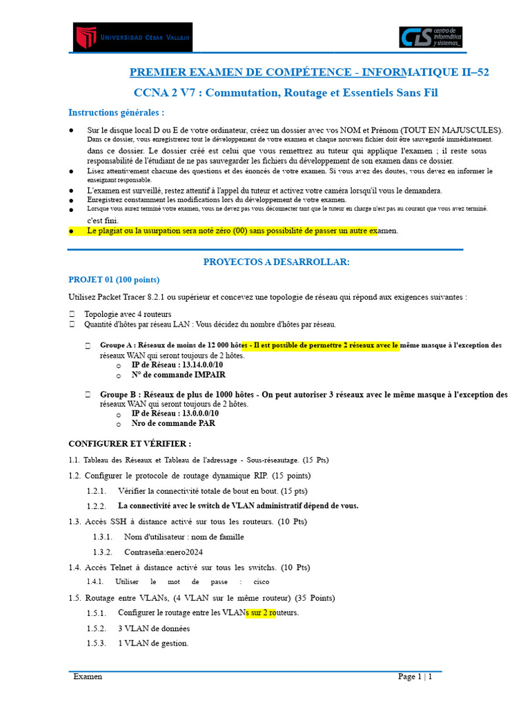 Examen CCNA 2 : Réseaux et Routage | PDF | Adresse IP | Routage