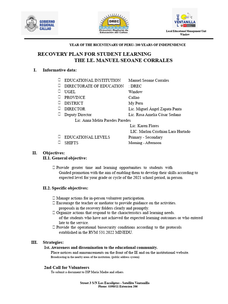 Institutional Plan For Educational Recovery 2022 | PDF | Learning