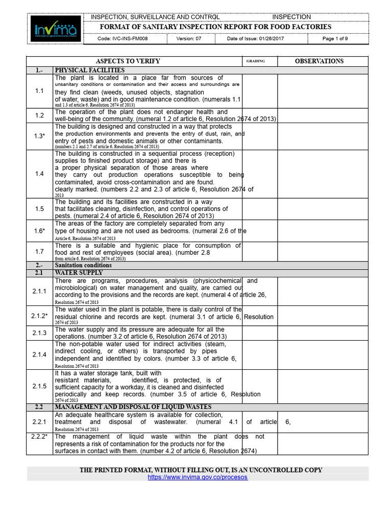 Invima Inspection Format | PDF | Municipal Solid Waste | Waste Management