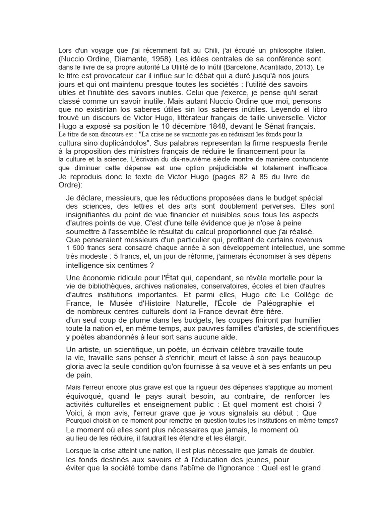 L'importance des savoirs inutiles selon Hugo | PDF | France
