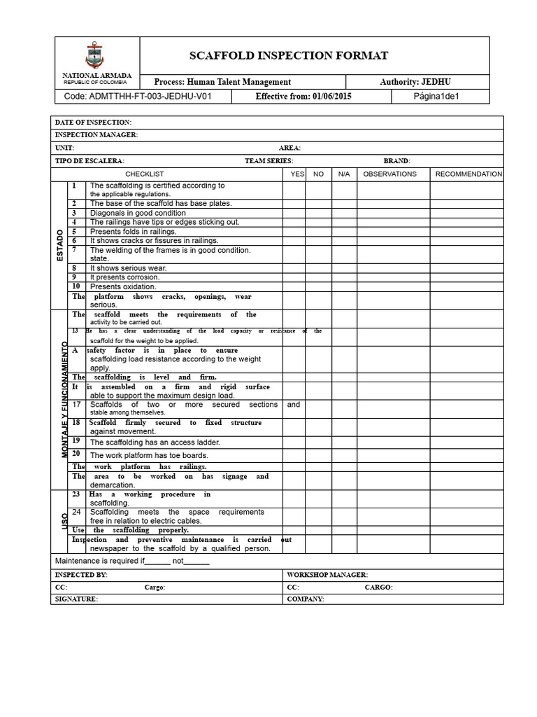 Scaffolding Inspection Checklist Template | PDF | Scaffolding ...