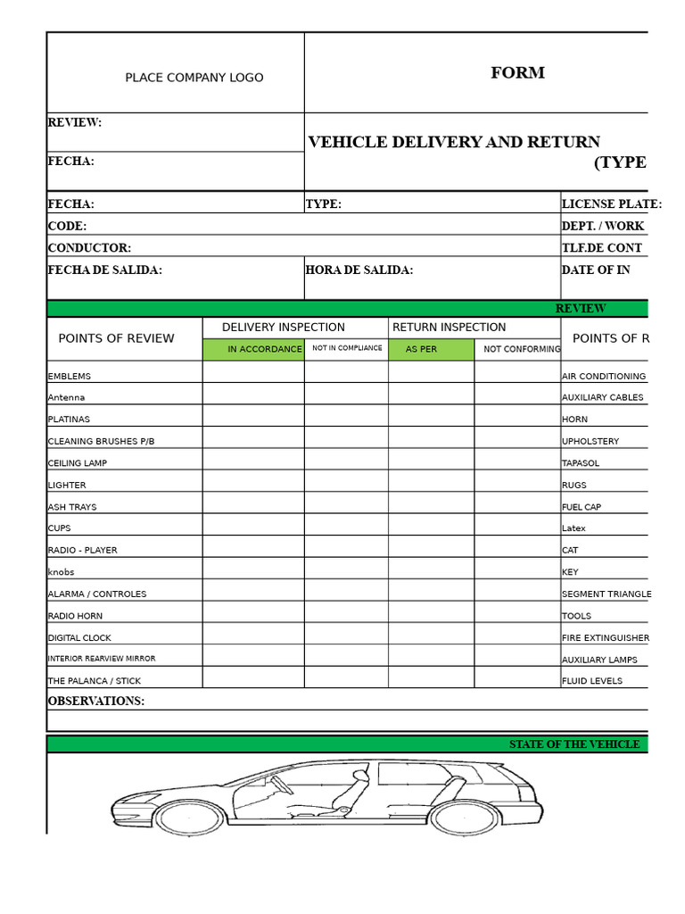 Delivery and Return Vehicle Check List Format SEDAN TYPE CAR | PDF ...