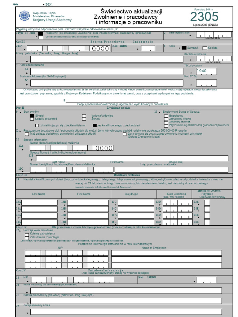 Formularz BIR 2305 Excel | PDF