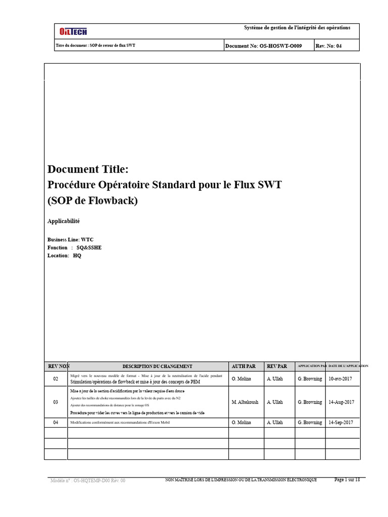 SOP Flowback SWT : Gestion des Opérations | PDF | Hydroxyde de sodium ...